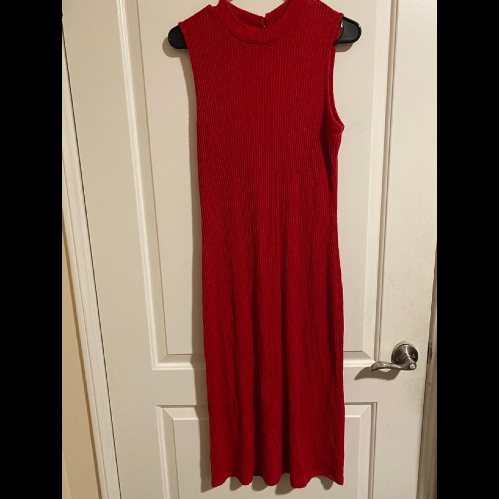 Monteau red mock neck sweater midi dress shimmery holidays Christmas New Years